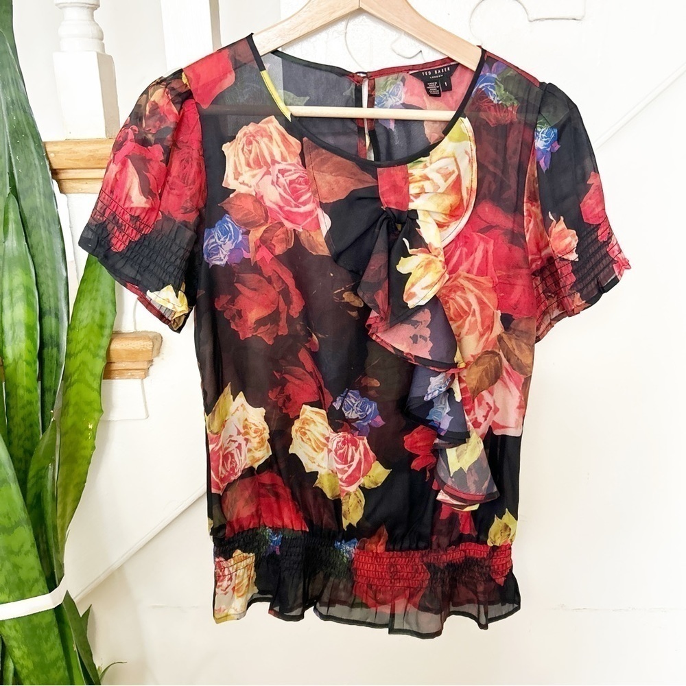 Ted Baker London Black Floral Ruffle Short Sleeve Blouse